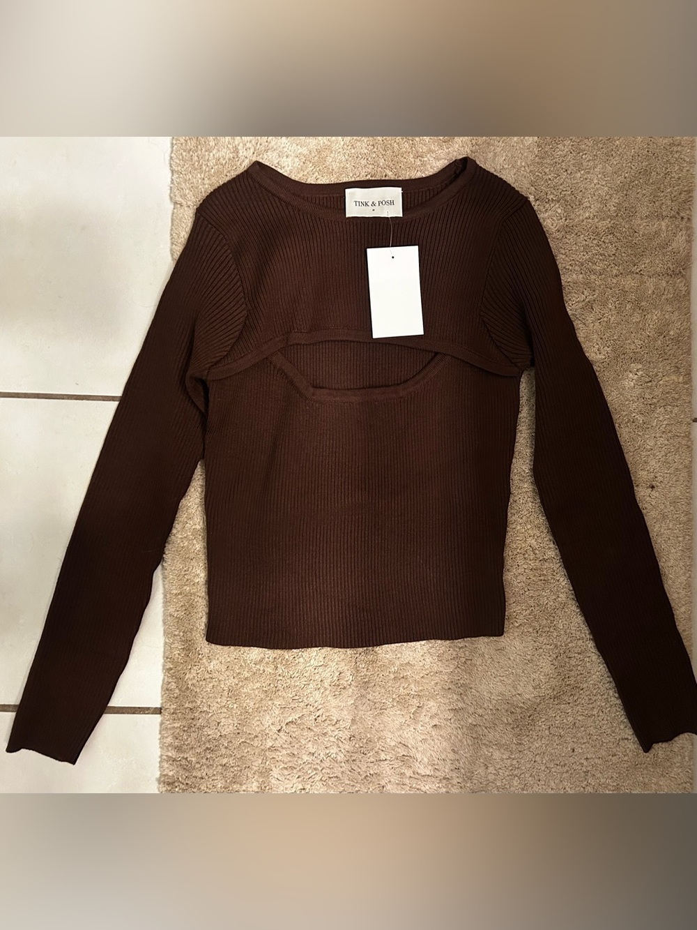 NWT Tink & Posh Chocolate Brown Ribbed Cutout Long Sleeve Top Size M